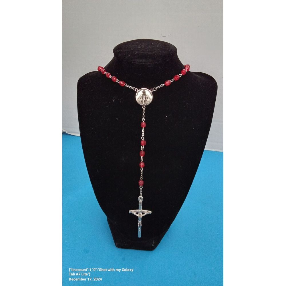 Vintage Catholic Red Glass Bead Rosary Prayer Necklace with Silver Crucifix